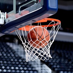 Fototapeta premium Close-up shot of a basketball perfectly entering a hoop.
