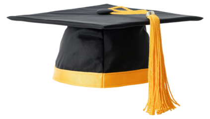 Graduation cap with yellow tassel isolated on transparent background.
