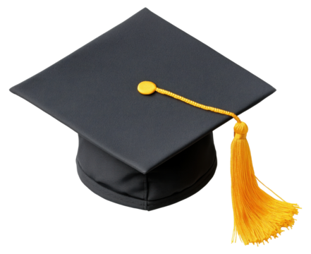 Graduation cap with a yellow tassel isolated on transparent background.