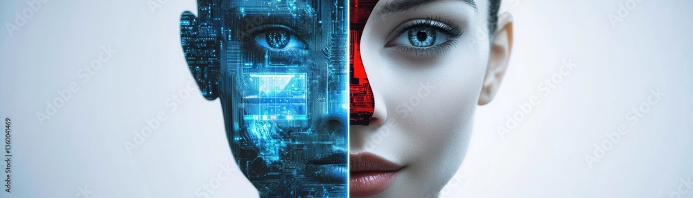 Poster a split image showcasing a futuristic robotic face on one side and a human face on the other, symbol