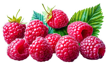 raspberries - fresh red berries with green leaves