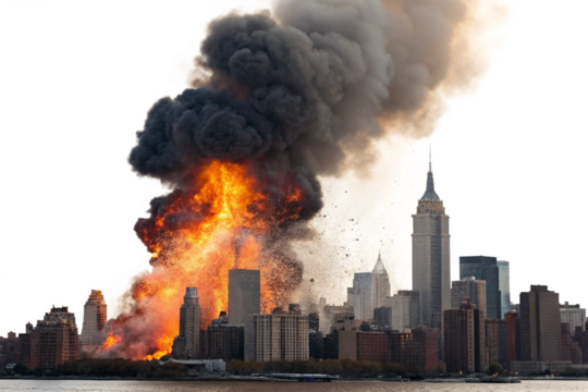 Massive Fire and Smoke Engulfing Lower Manhattan Skyline Near the Hudson River