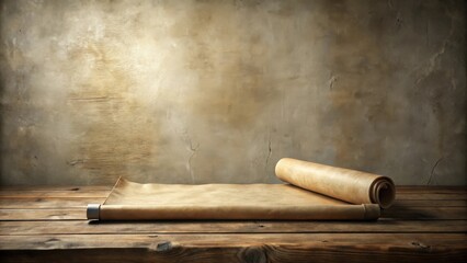 A Rustic Wooden Table Presents an Unfurled Antique Parchment Scroll, Ideal for Displaying a Timeless Message or a Vintage Design