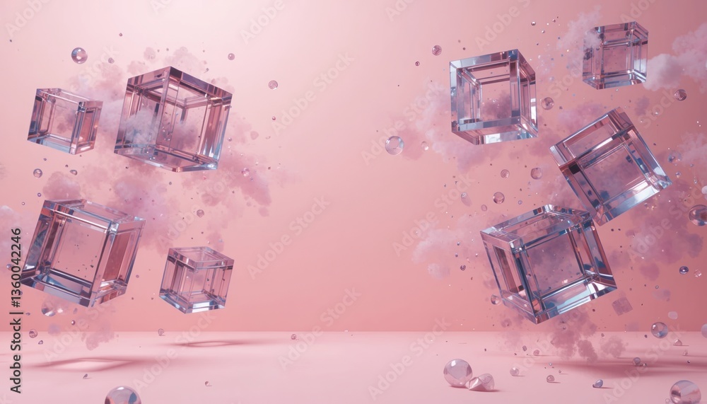 Aufkleber floating crystal cubes in soft pink atmosphere 3d abstract art digital render ethereal environment c
