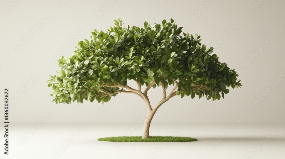 Poster a lush green full-leafed tree with a uniquely shaped trunk standing on a small patch of grass agains
