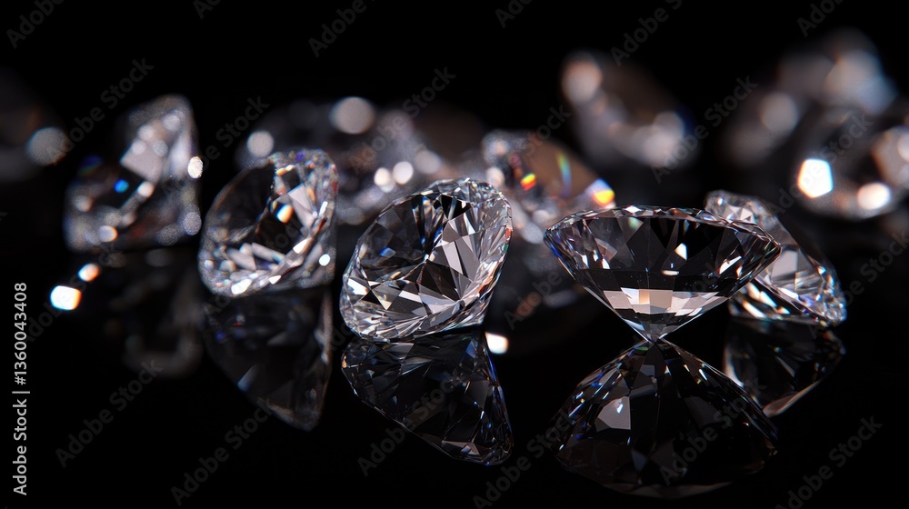Poster a stunning array of sparkling diamonds scattered on a reflective surface, showcasing their brillianc