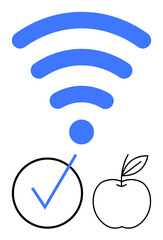Blue wireless symbol, circle with checkmark, and simple apple icon represent technology, approval, and healthy living. Ideal for communication, networking, health, education nutrition productivity
