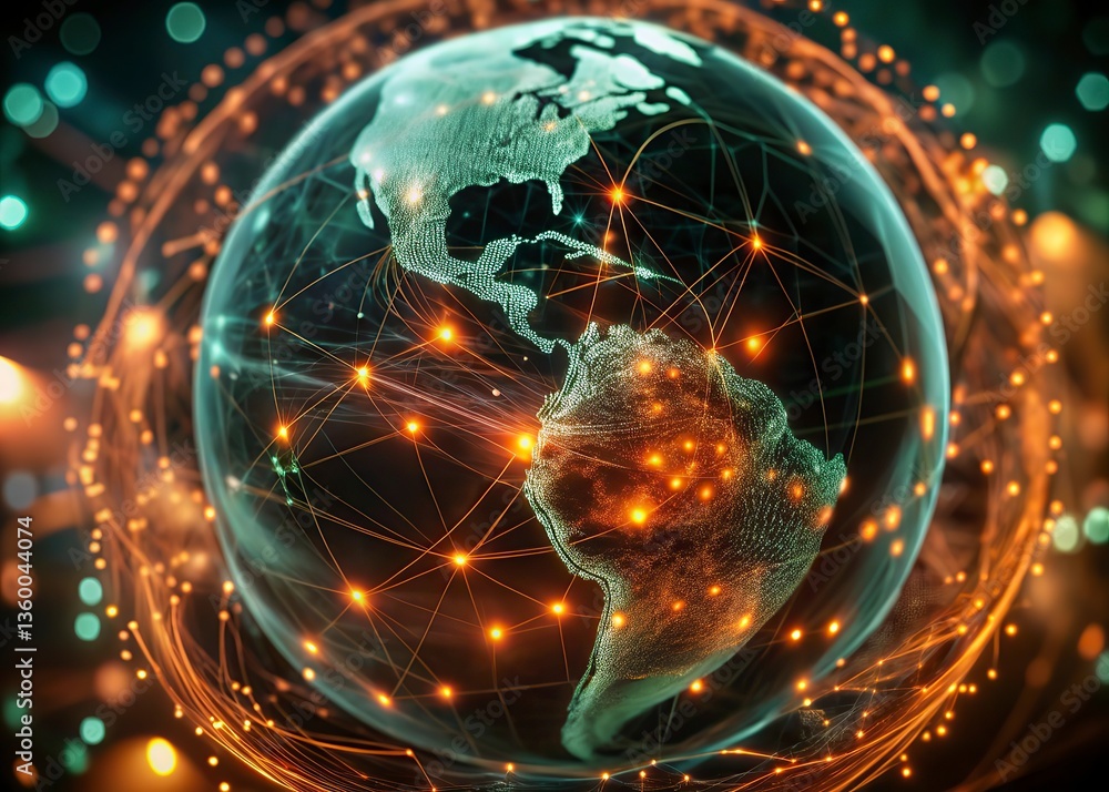 Poster world map on a technological background, glowing lines symbols of the internet, radio, television, m