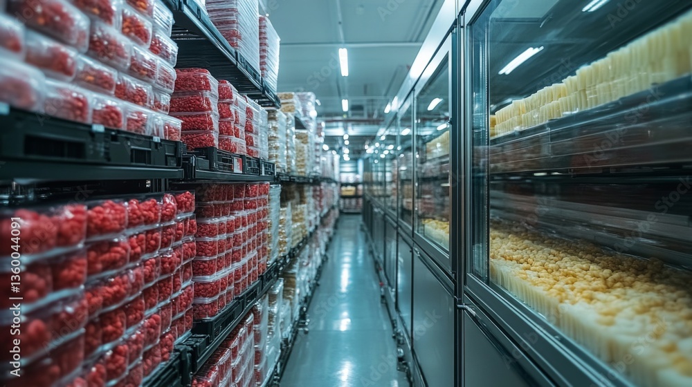 Poster Orthogonal view of an efficient cold storage warehouse filled with neatly arranged shelves of perishable items. Refrigerated shelving maintains optimal conditions for inventory management.