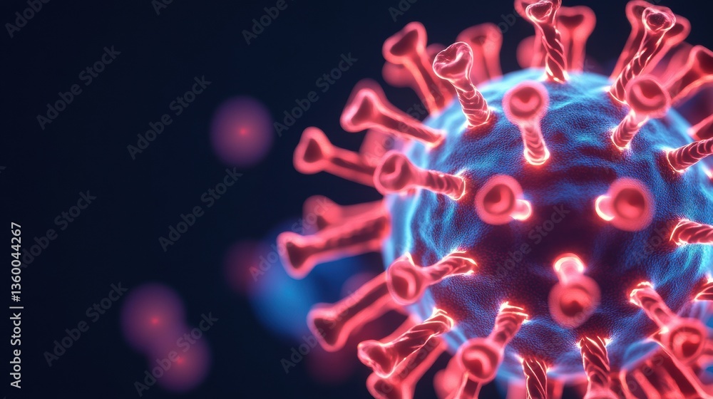 Poster a detailed illustration of a virus, showcasing its structure with spikes and a vibrant color scheme 