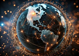 Fototapeta premium World map on a technological background, glowing lines symbols of the Internet, radio, television, mobile and satellite communications.Global network connection over the world. 3d rendering toned imag