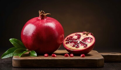 Ripe whole and sliced pomegranate with seeds on a wooden board.