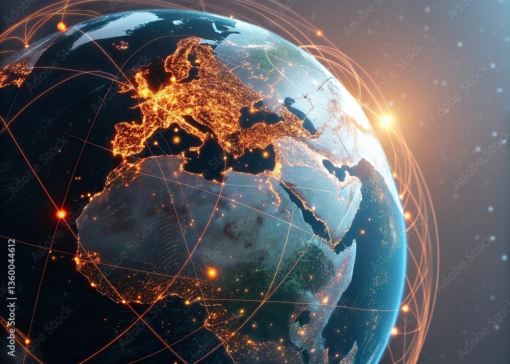 Poster world map on a technological background, glowing lines symbols of the internet, radio, television, m