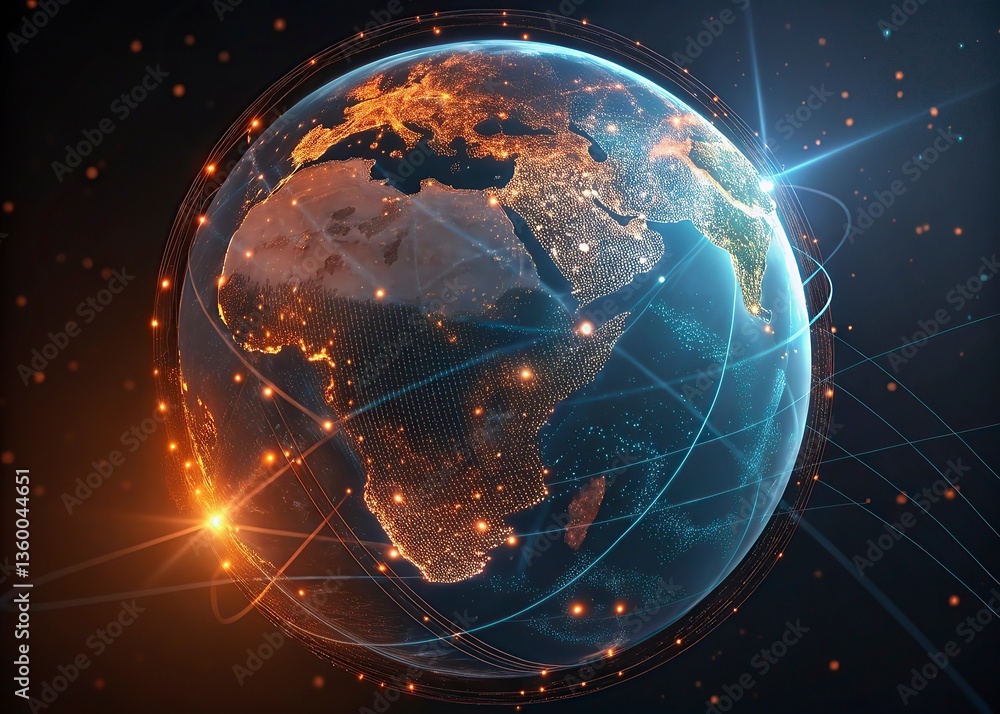 Poster world map on a technological background, glowing lines symbols of the internet, radio, television, m
