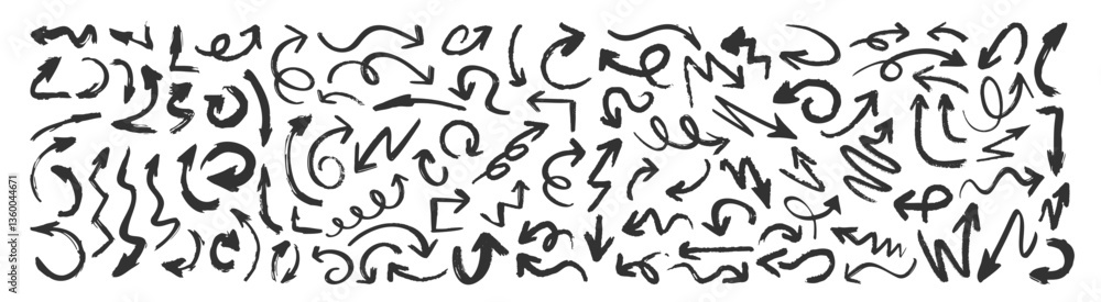 Poster grunge arrows set isolated on transparent. hand drawn vector arrows. dry brushstrokes, arrows, point