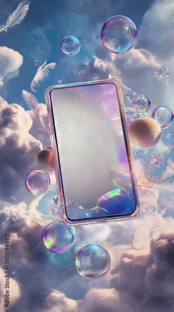 Poster smartphone floating amidst clouds with bubbles and feathers in a dreamlike ethereal scene.