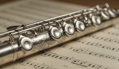 Obraz premium A silver flute rests gracefully atop a vintage sheet of music.