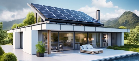 Fototapeta premium Smart home futuristic design with solar panels rooftop system for renewable energy