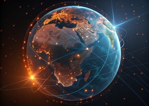 World map on a technological background, glowing lines symbols of the Internet, radio, television, mobile and satellite communications.Global network connection over the world. 3d rendering toned imag