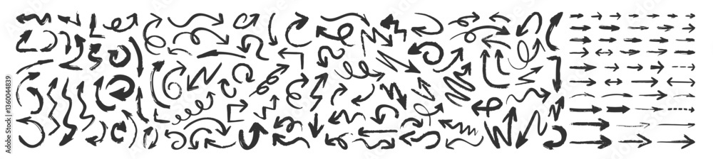 Poster brush, marker hand drawn arrows set isolated on transparent. grunge arrow brush vector. set of hand 