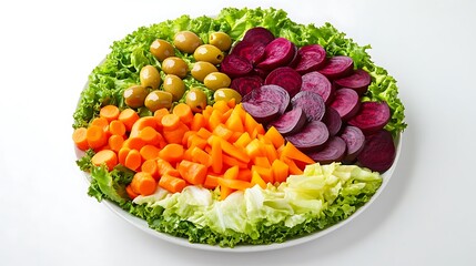 Healthy and vibrant vegetable platter with carrots, beets, olives, and lettuce.