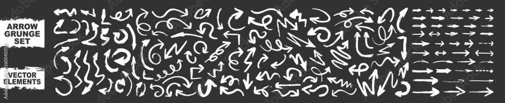 Poster grunge arrows set isolated on transparent. hand drawn vector arrows. dry brushstrokes, arrows, point