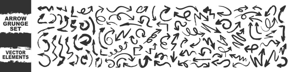 Grunge arrows set isolated on transparent. Hand drawn vector arrows. Dry brushstrokes, arrows, pointers.