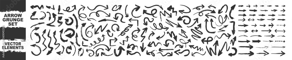 Poster grunge arrows set isolated on transparent. hand drawn vector arrows. dry brushstrokes, arrows, point