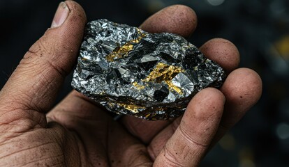 Close-up of a dirty hand holding a piece of raw silver and gold ore.