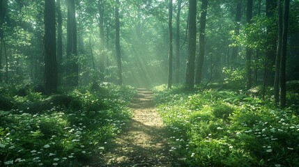Obraz premium A path in a spring forest with sunlight streaming through fresh green foliage and creating dappled textures on the ground