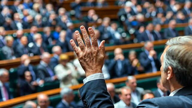 Politician Raising Hand During Parliamentary Debate in Assembly Hall