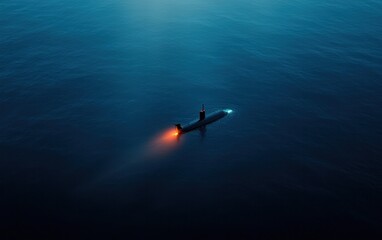 Fototapeta premium High angle view of a dark airplane or submarine with glowing red engine, flying or submerged in a dark blue ocean at night