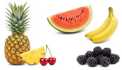 Assortment of fresh fruit: pineapple, watermelon, bananas, blackberries, cherries.