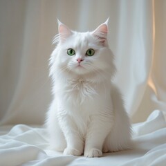 Fototapeta premium A fluffy white cat with striking green eyes sitting proudly
