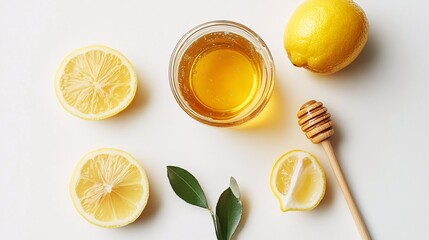 Lemon Slices Honey Glass and Dipper on a White Background for Health and Wellness Concepts