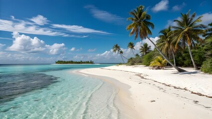 Serene Tropical Beach with Clear Water and Lush Palm Trees