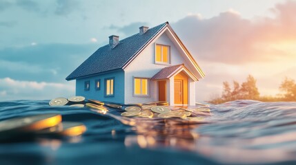 Real estate economy, house floating on digital coin waves, 3D illustration. 