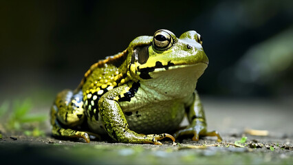 Obraz premium A green frog with black and yellow patterns sits on a rough surface, with some green plants in the background, showcasing its unique skin texture and natural habitat.
