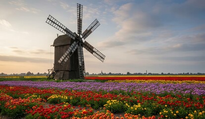 A windmill beside a vibrant flower field, a peaceful rural landscape.