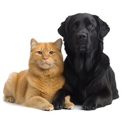 An orange cat and black dog pose together on white background