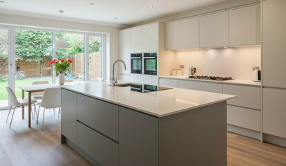 A sleek modern kitchen with island and dining area bathed in natural light.