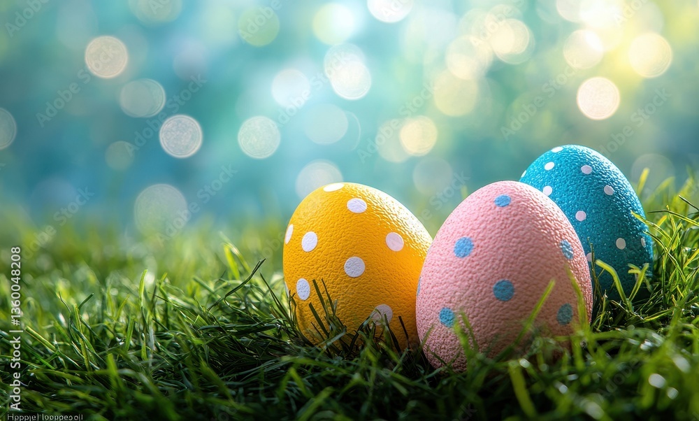 Poster colorful easter eggs on green grass with soft bokeh background creating a festive and joyful spring 