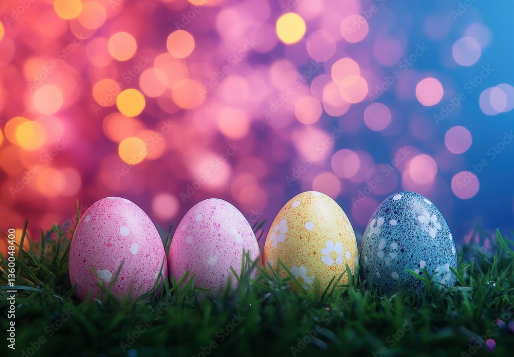 Poster colorful easter eggs on green grass with soft bokeh background creating a festive atmosphere for spr