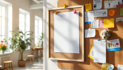Blank poster on a corkboard in a lively, community center with vibrant surroundings.

