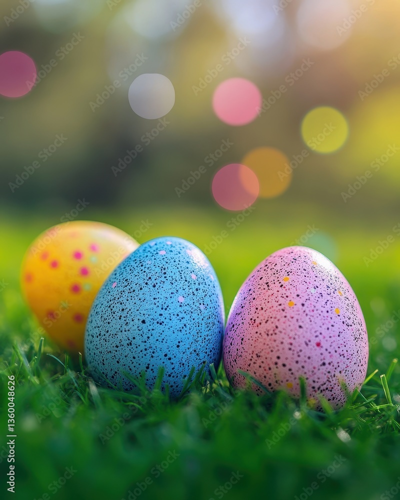 Poster colorful easter eggs on green grass with soft focus background of blurred bokeh lights in spring atm