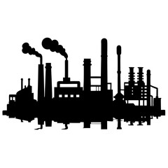 Silhouette of an industrial factory at sunset with smoke, chimneys, and buildings in the city skyline