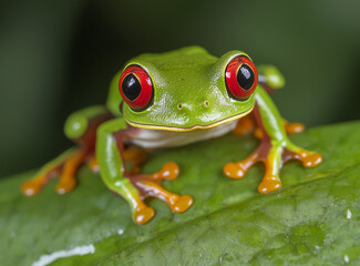 Fototapeta premium Macro shot of a red-eyed tree frog showcasing its vivid green skin and orange toes, emphasizing the beauty and fragility of amphibians threatened by habitat loss.