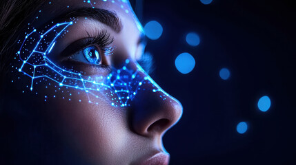 Futuristic AI facial recognition system scanning human face with digital patterns
