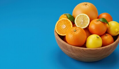 Vibrant citrus fruits in a wooden bowl on a solid blue background.