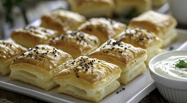 Golden brown puff pastry cheese pocket rolls with milk cream and black cumin seeds